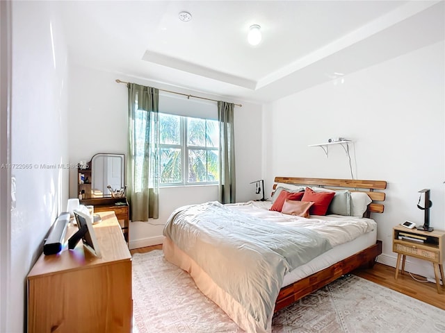 bedroom with light hardwood / wood-style flooring and a raised ceiling