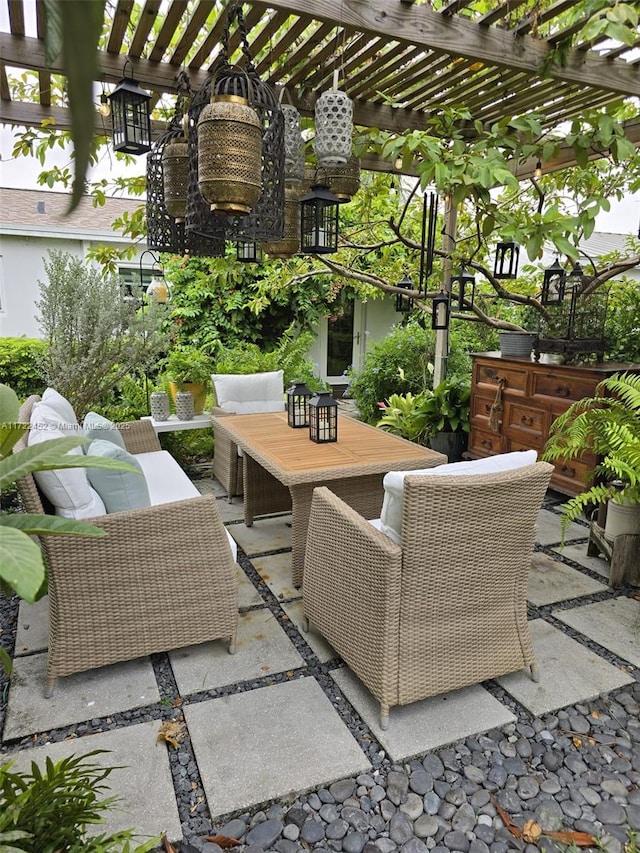 view of patio with a pergola and an outdoor hangout area