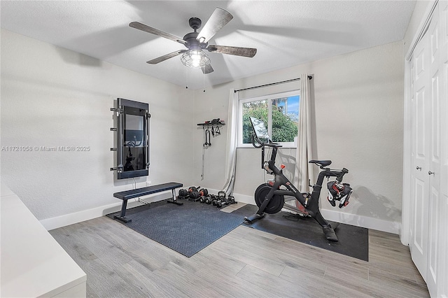 workout room with ceiling fan, light hardwood / wood-style flooring, and a textured ceiling