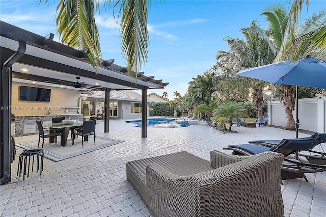 view of patio with ceiling fan, a fenced in pool, and a pergola