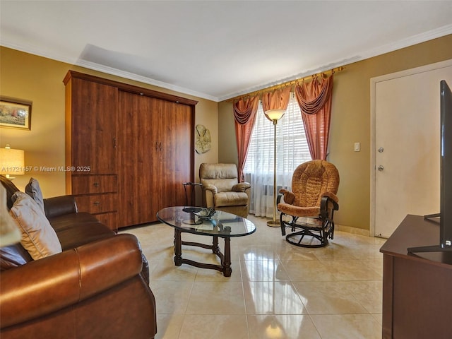 tiled living room with ornamental molding