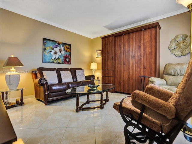 tiled living room with ornamental molding