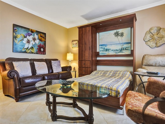 tiled living room featuring crown molding