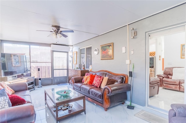 living room featuring a wall mounted air conditioner and ceiling fan