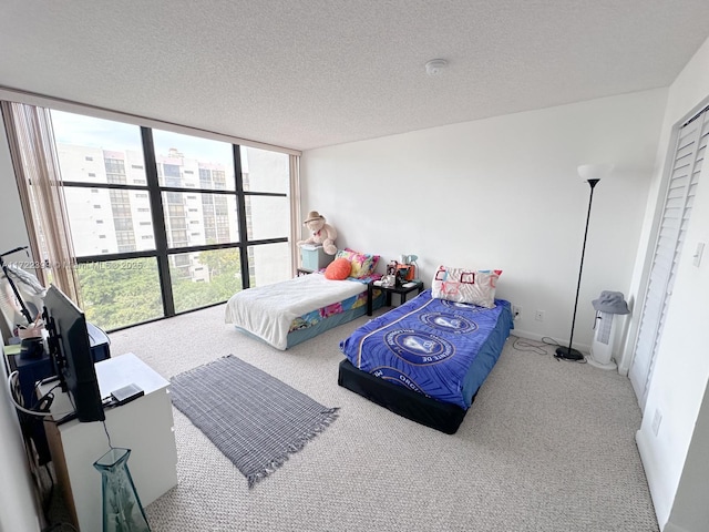 carpeted bedroom featuring a textured ceiling and expansive windows