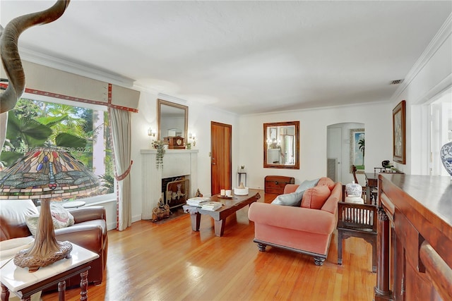 living room with light wood-type flooring and crown molding