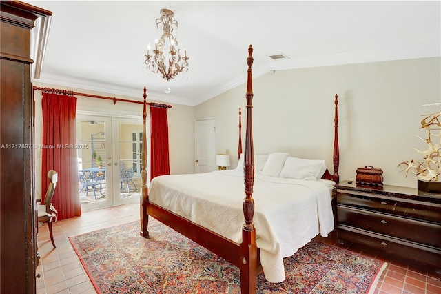 tiled bedroom featuring access to outside, french doors, an inviting chandelier, and ornamental molding