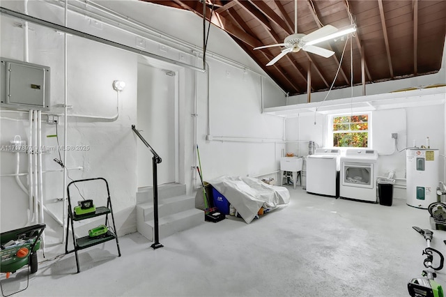 basement featuring washer and clothes dryer, electric water heater, electric panel, sink, and ceiling fan