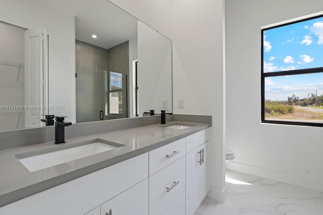 1608 Flora Ave S, Lehigh Acres, FL 33976 - full bathroom with marble finish floor, double vanity, a stall shower, and a sink