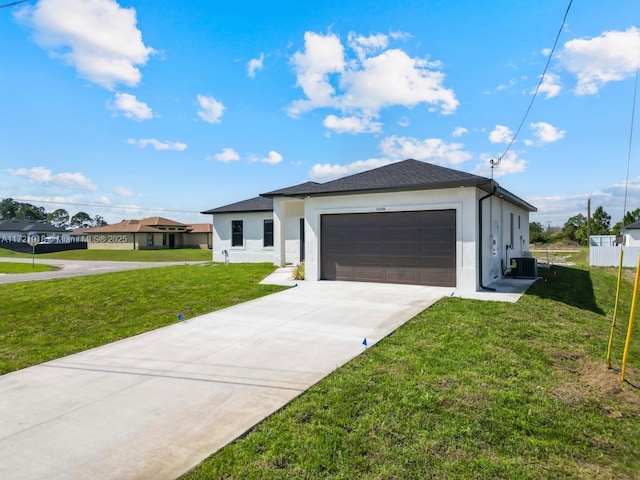 1608 Flora Ave S, Lehigh Acres, FL 33976 - ranch-style house with an attached garage, concrete driveway, roof with shingles, stucco siding, and a front yard