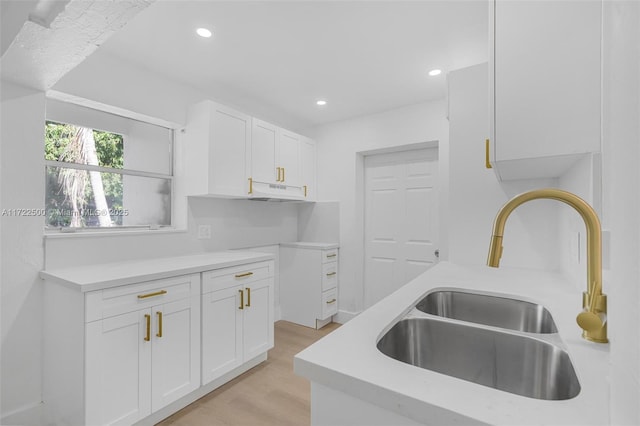 kitchen with white cabinets, light hardwood / wood-style floors, and sink