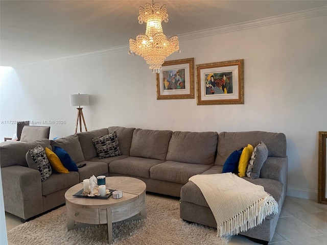 living room with crown molding, light tile patterned floors, and an inviting chandelier