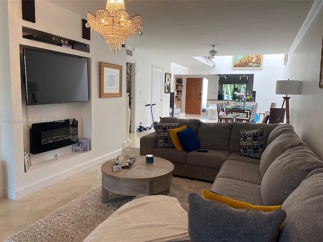 tiled living room featuring ornamental molding and an inviting chandelier