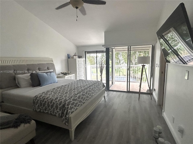 bedroom featuring ceiling fan, access to exterior, wood-type flooring, and lofted ceiling