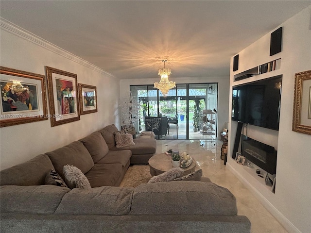 living room with a chandelier and ornamental molding