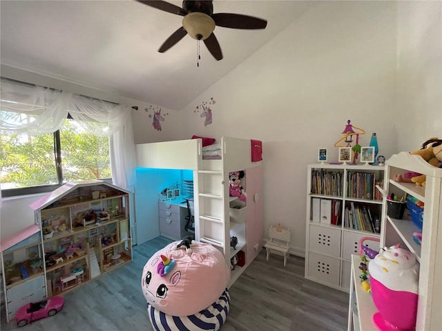 20246 NE 34th Ct Unit 46, Aventura, FL 33180 - recreation room featuring vaulted ceiling, ceiling fan, and wood finished floors