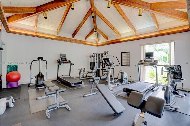 exercise room featuring high vaulted ceiling