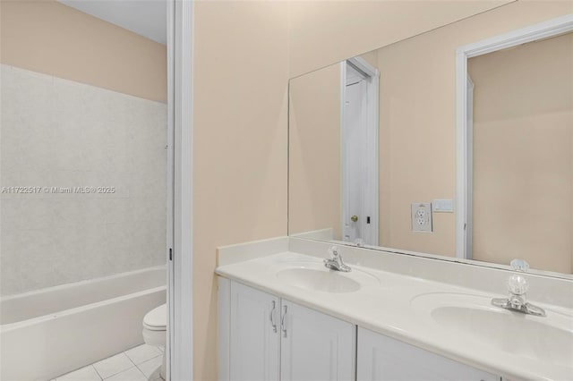 full bathroom featuring toilet, vanity, bathing tub / shower combination, and tile patterned floors