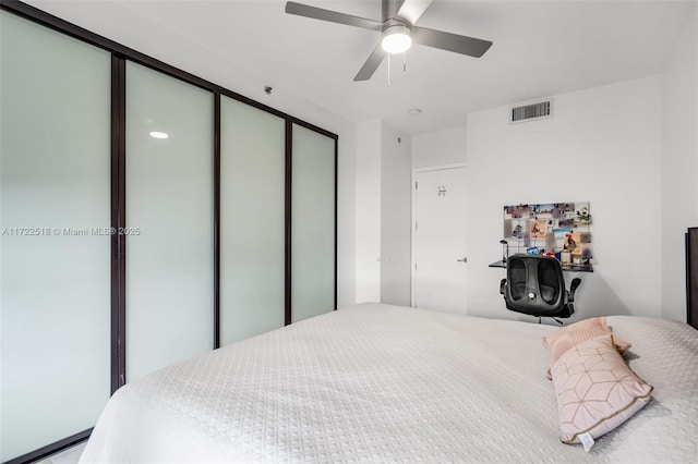 bedroom with ceiling fan and a closet