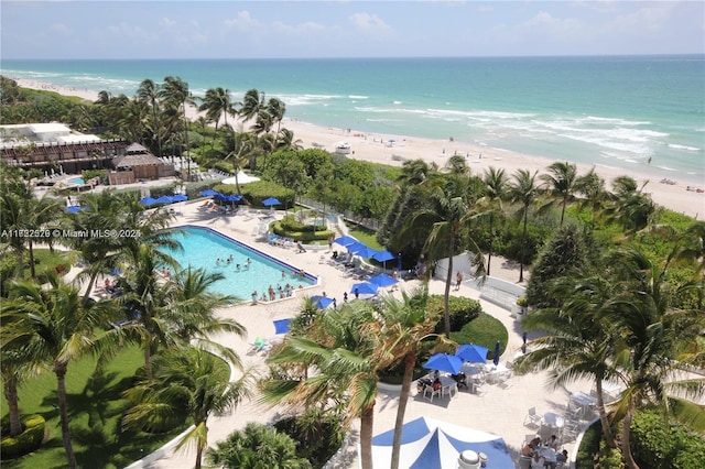 aerial view featuring a water view and a view of the beach