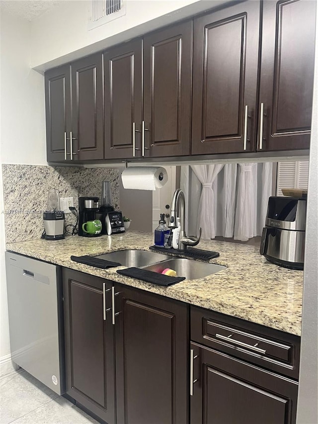 kitchen with backsplash, sink, stainless steel dishwasher, and dark brown cabinets