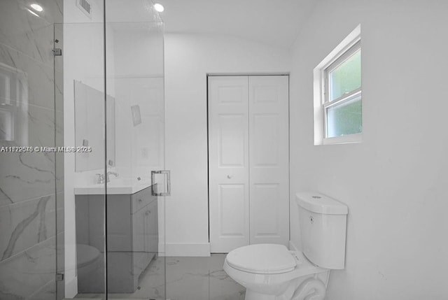 bathroom with vanity, a shower with shower door, lofted ceiling, and toilet