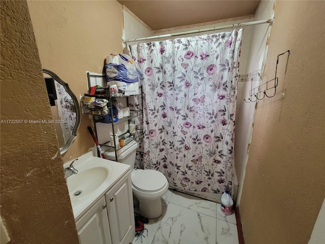 651 SW 5th St, Homestead, FL 33030 - bathroom with a textured wall, vanity, marble look tiles, and a shower with curtain