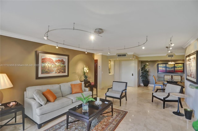 living room with ornamental molding