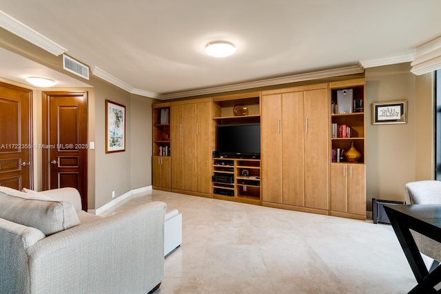 living room with crown molding