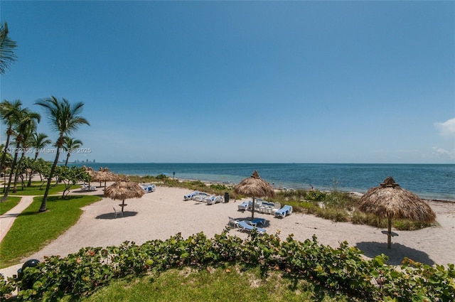 property view of water featuring a beach view