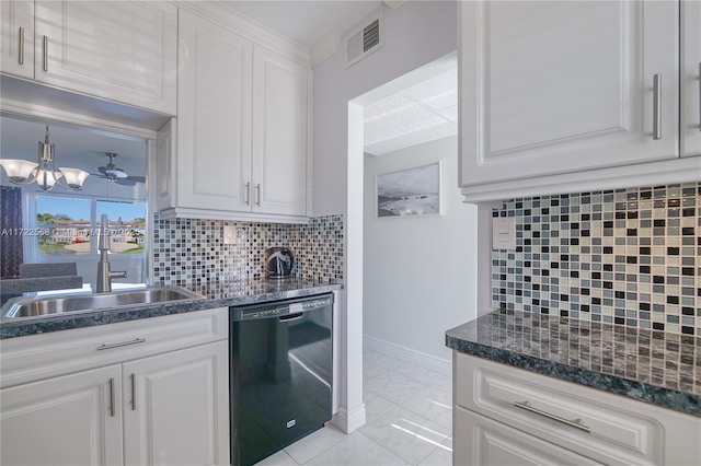 kitchen featuring backsplash, sink, white cabinetry, and black dishwasher