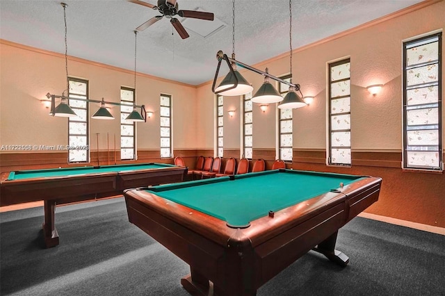 rec room with carpet flooring, ornamental molding, a textured ceiling, and pool table