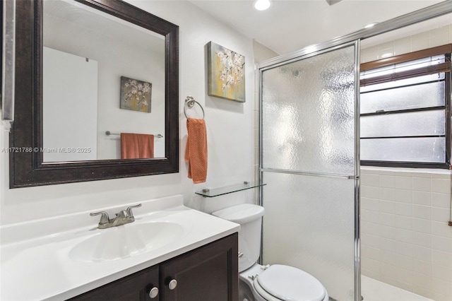 bathroom featuring vanity, a shower with shower door, and a wealth of natural light