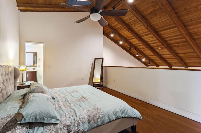 bedroom with beamed ceiling, hardwood / wood-style floors, ceiling fan, and wooden ceiling