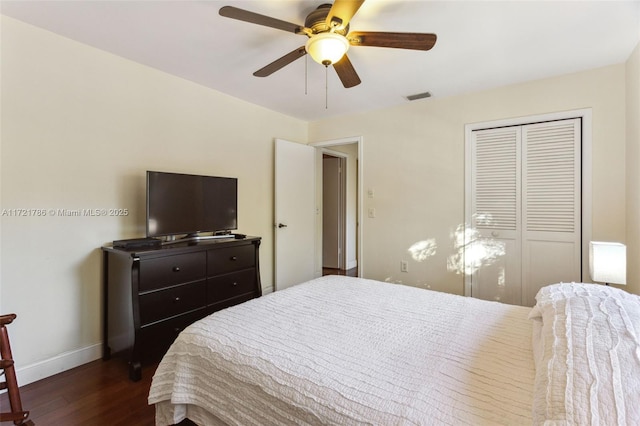 bedroom with ceiling fan, a closet, and dark hardwood / wood-style floors