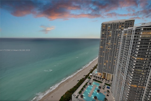 property view of water featuring a beach view