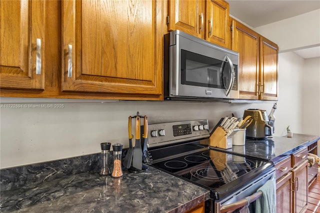 kitchen featuring stainless steel appliances and dark stone counters