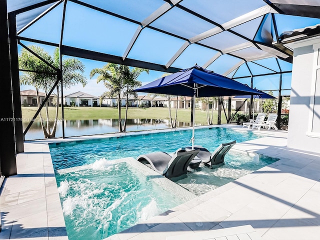 view of swimming pool with a water view, pool water feature, a lanai, a yard, and a patio area