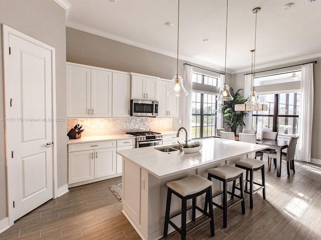 kitchen with sink, pendant lighting, a center island with sink, white cabinets, and appliances with stainless steel finishes