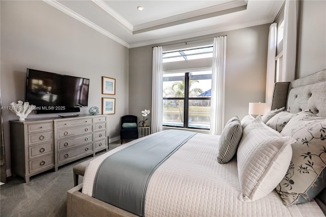 bedroom featuring a raised ceiling, light colored carpet, and crown molding