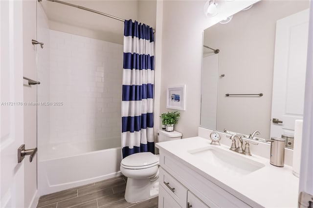 full bathroom with vanity, toilet, and shower / bath combo with shower curtain