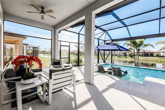 exterior space with ceiling fan, a lanai, an outdoor hangout area, pool water feature, and a patio area