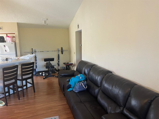 living room featuring a textured ceiling and dark hardwood / wood-style floors