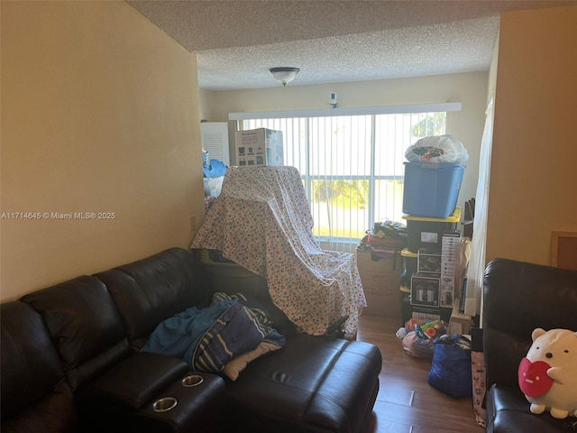 living room with hardwood / wood-style floors and a textured ceiling