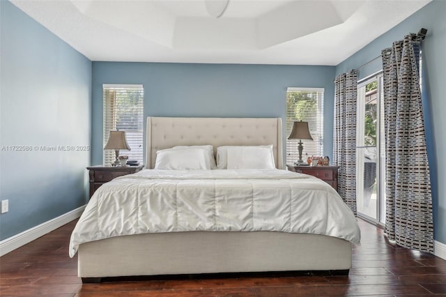 bedroom with a tray ceiling and dark hardwood / wood-style floors