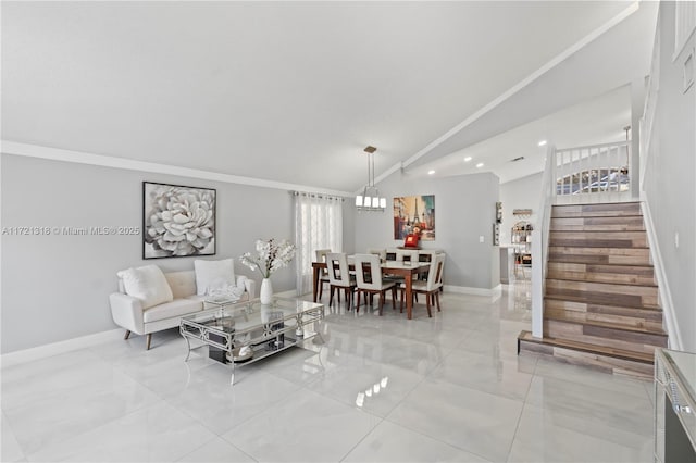 living room featuring lofted ceiling