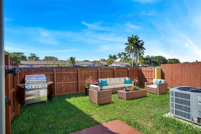 view of yard with an outdoor living space and central air condition unit