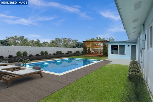 view of pool featuring a pergola and a lawn