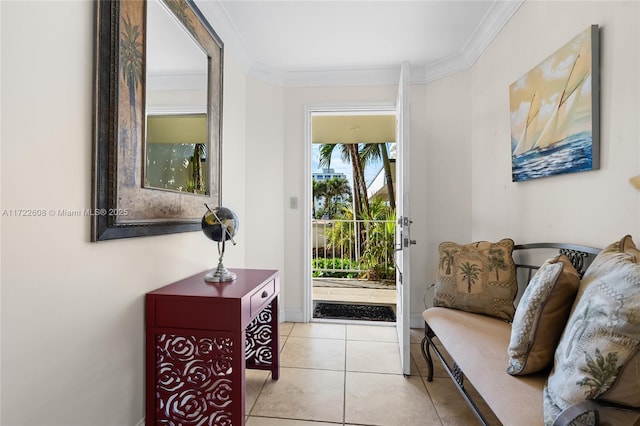 doorway featuring light tile patterned floors and crown molding