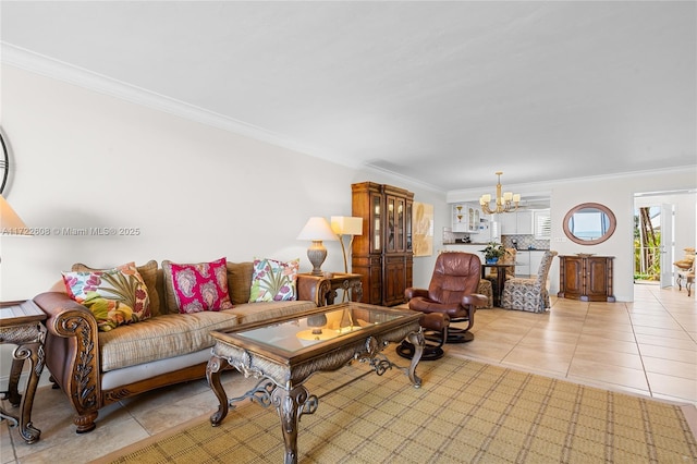 living room with a notable chandelier, light tile patterned flooring, and crown molding